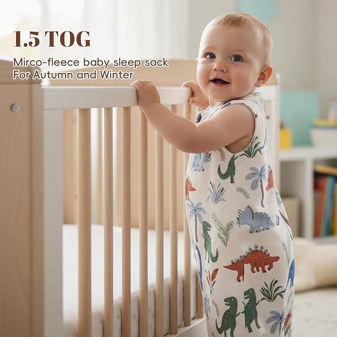 david's kids 3 Pack Warm Micro Fleece Baby Sleep Sack 18-24 Months, Soft Baby Wearable Blankets with 2-Way Zipper, Comfy Winter Sleeping Bags for Toddler Boys Girls Neutral, X-Large Size, Dinosaur