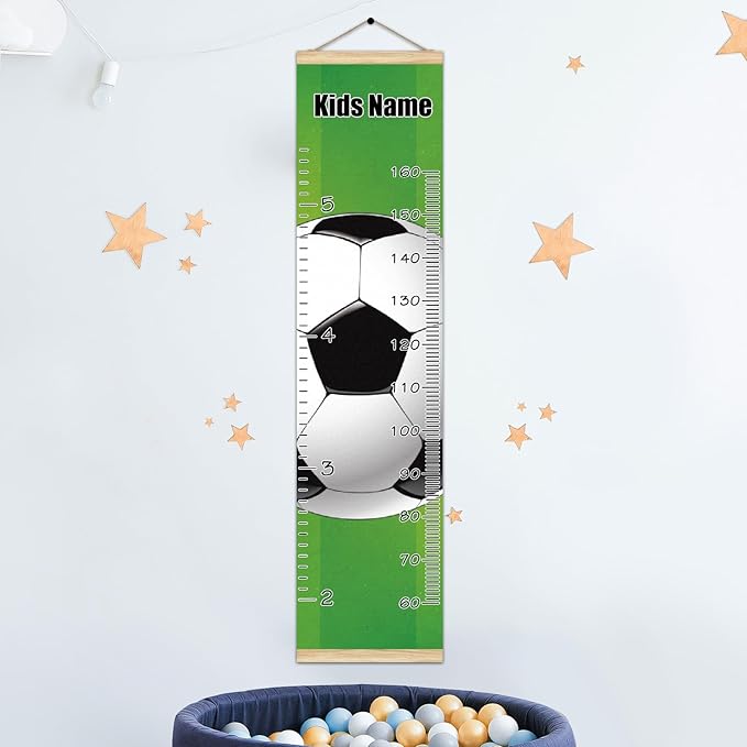 Personalized Kids Name Growth Chart Ruler for Wall Wood Frame Height Measure Chart 13.4x56 in Linen Hanging Height Growth Chart Football Soccer Kids Room Decor