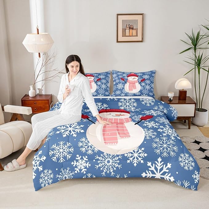 Feelyou Christmas Comforter Set King Size Snowman Blue Bedding Set for Kids Boys Girls Xmas Snowflakes Duvet Quilt Winter Snow Bedroom Decor Microfiber 3 Pcs with 2 Pillow Cases
