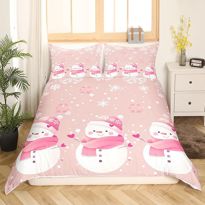 Manfei Kawaii Snowman Duvet Cover Set King Size, Cute Pink White Snowflake Comforter Cover with 2 Pillowcases, Christmas Theme Bedding Set 3pcs for Kids Girls Lightweight Bedspread Cover,No Comforter
