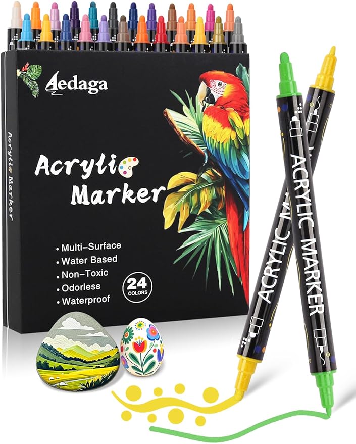 24 Colors Acrylic Paint Pens,Acrylic Paint Markers Dual Tip with Fine Tip and Dot Tip,Dot Marker for Kids Adults, Glass, Stone, Wood, Canvas, Paper, Pottery