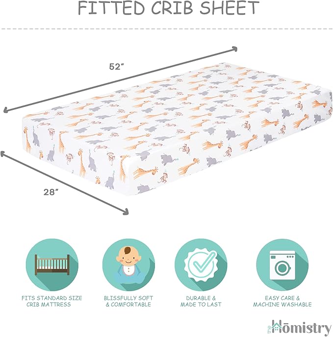 The Hōmistry 3-Piece Crib Bedding Set for Boys & Girls – Reversible Quilt, Fitted Sheet, Crib Skirt – Soft, Breathable & Durable Microfiber – Jungle Friends Theme