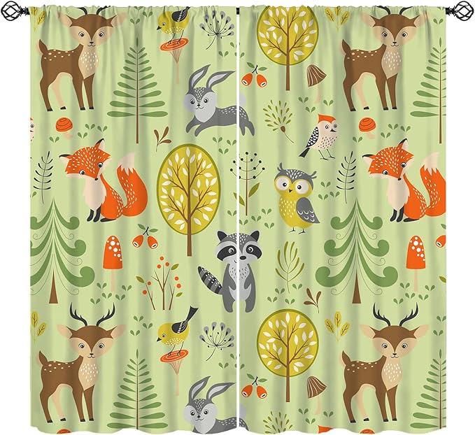 Cute Animals Curtains, Fox Bear Cartoon Wild Animals Blackout Window Treatments, Rod Pocket Thermal Insulated Drapes 2 Panel Sets for Kids Bedroom Nursery Classroom, 42" W X 63" L