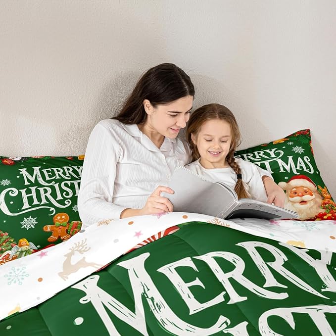 Feelyou Green Christmas Comforter Set All Season Santa Claus Bedding Set with 2 Pillow Cases Gingerbread Microfiber Kids King Bedclothes Bedroom Decor Duvet Quilt Breathable Soft
