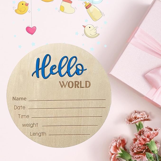 Baby Announcement Sign, 5.9 Inch Wooden Hello World Newborn Signs, Birth Announcement Sign, Baby Shower Hospital Nursery for Newborn Boys and Girls… (Blue)