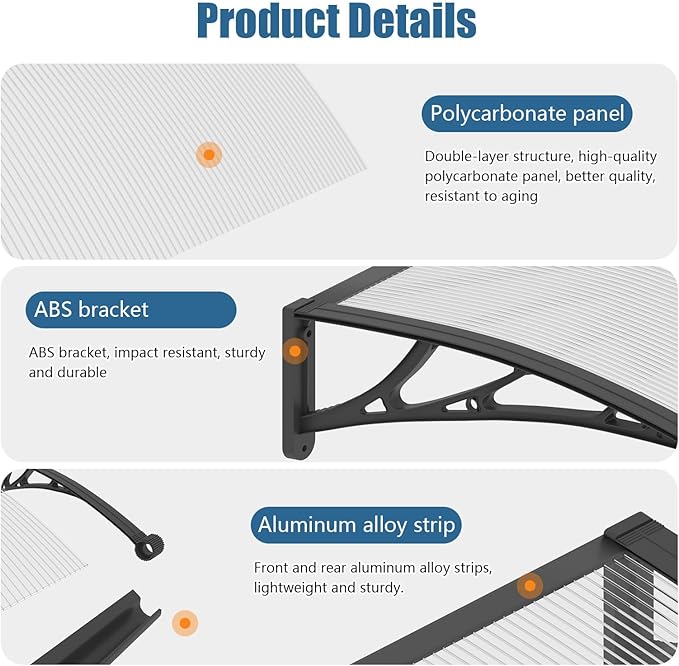 40''*120'' Window and Door Exterior, UV/Rain/Snow/Sunlight Protection Sheet,UPF 50+ Polycarbonate Overhang Canopy,House Overdoor Awnings for Door Entrance Outside/Patio/Porch/Deck