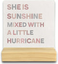QASHWEY Boho Nursery Baby Girl Room Decor, Boho Desk Shelf Decor Wood Table Signs, She is Sunshine Mixed with a Little Hurricane Wooden Plaque with Wooden Stand for Home Nursery