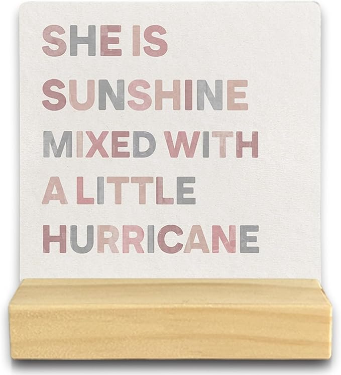 QASHWEY Boho Nursery Baby Girl Room Decor, Boho Desk Shelf Decor Wood Table Signs, She is Sunshine Mixed with a Little Hurricane Wooden Plaque with Wooden Stand for Home Nursery
