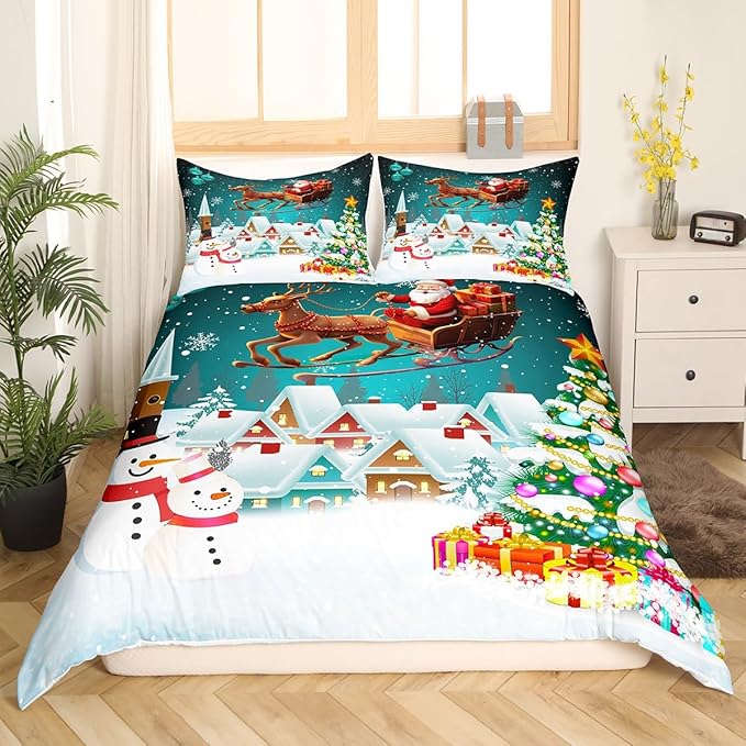 Manfei Christmas Duvet Cover Set Queen Size, Xmas Tree Snowman Bedding Set for Kids Boys Girls, Santa Claus with Reindeer Comforter Cover New Year Theme Quilt Cover with 2 Pillowcases, No Comforter