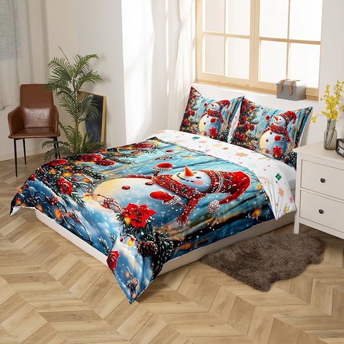 Manfei Christmas Kids Duvet Cover Set Twin Size, Cute Snowman Xmas Bedding Set for Boy Girls Room Decor, Red Flower New Year Comforter Cover, Lightweight Bedspread Cover, 1 Pillowcase, No Comforter
