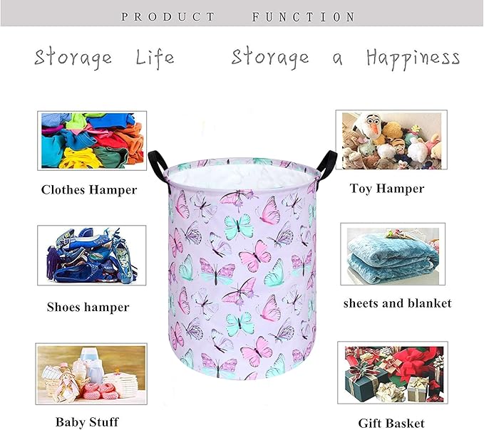 KUNRO Round Laundry Gift Basket Storage Hamper, Kids Toys and Clothes Storage Organizer Bins, Toy Shelf Basket with Handles for Room Decor (Purple Butterfly)