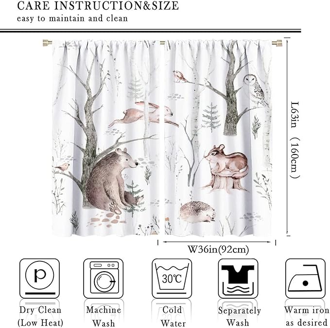 Watercolor Woodland Animal Curtains, Wildlife Bear Farmhouse Lodge Cabin Squirrel Owl Hedgehog Fox Blackout Rod Pocket Windows Door Curtain for Bedroom Living Room Home Decor 72x63in