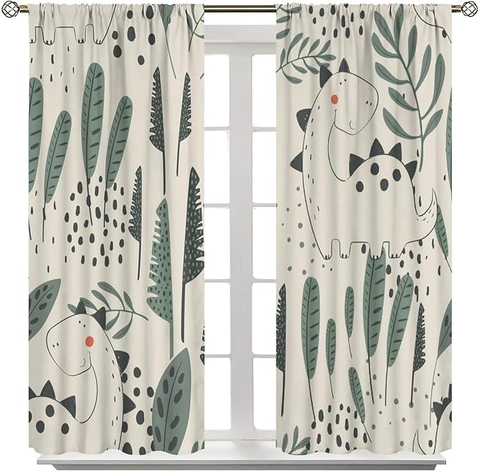 Funny Dinosaur Curtains, Jungle Cute Cartoon Animals Tropical Leaves Plant Beige Green Print Blackout Window Treatments for Kids Boys Girls Bedroom Living Room 55x63in