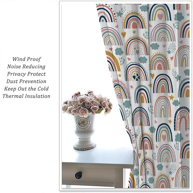 Kids Rainbow Curtains Boho Cartoon Colorful Stars Love Heart Lovely Abstract Art Pattern Print Window Drapes for Girl Bedroom Living Room Kitchen Decor,2 Panel Set,84Wx84H Inch Blackout