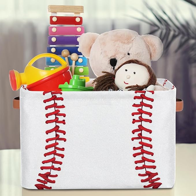 Baseball Storage Basket for Shelves, Storage Bins with Handles, Collapsible Basket for Organizing, Closet Toy Baskets for Nursery Room, 15x11x9.5 in, Canvas, Sports Baseball Stitches Lace