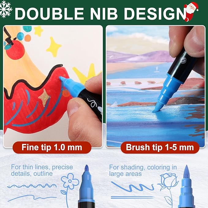TOSAHRE Acrylic Paint Pens Markers 60 Colors Waterproof Dual Tip Acrylic Markers Set with Brush & Fine Tip Coloring Pens for Rock Painting Wood Scrapbook Fabric Glass Ceramic DIY Craft Art Supplies