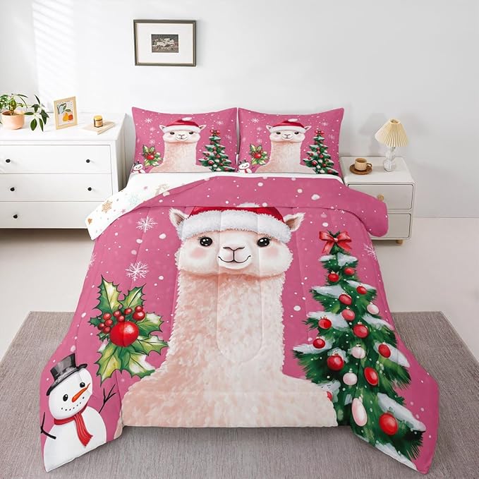 Feelyou Merry Christmas Bedding Set Soft for Boys Girls, Cute Llama Comforter Set Queen Size Snowflake Duvet Quilt Microfiber Christmas Tree Bedroom Decor 3 Pcs with 2 Pillow Cases
