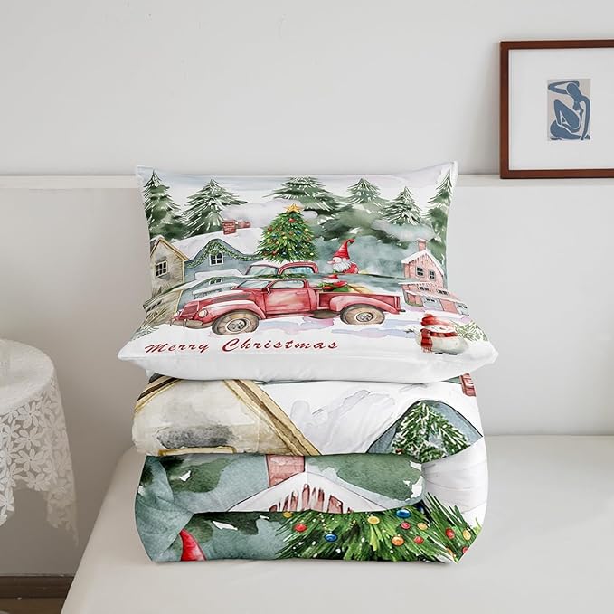 Red Old Truck Comforter Set King Size,Christmas Tree Gnome Duvet Insert for Kids Boys Girls Room Decor,Snowman Winter Rustic Style Bedding Set 3Pcs,Merry Christmas Retro Quilt Set,2 Pillowcases
