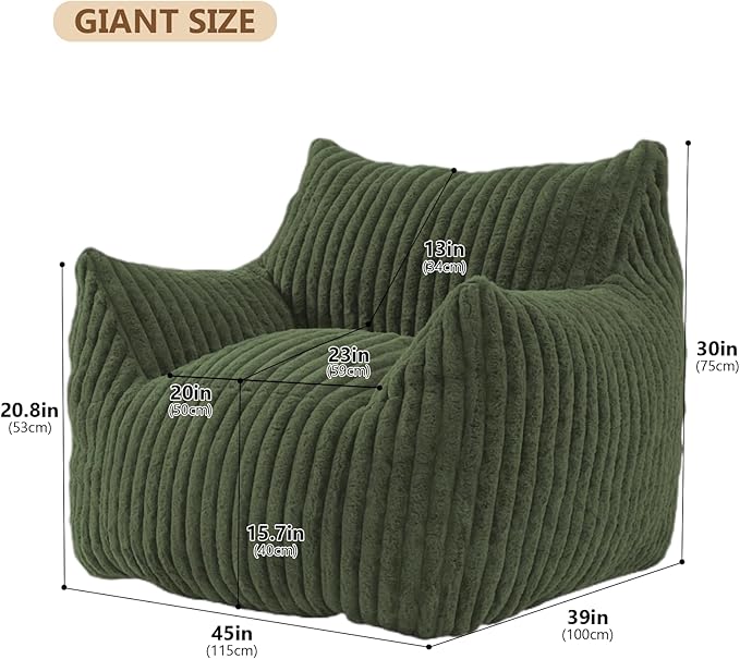 Giant Bean Bag Chairs for Adults with Filling Plush Fluffy Bean Bag Chairs for Teens with Armrests Comfy BeanBag Lazy Couch Sofa Chair for Bedroom Living Room Reading (Green, L-for Adults)