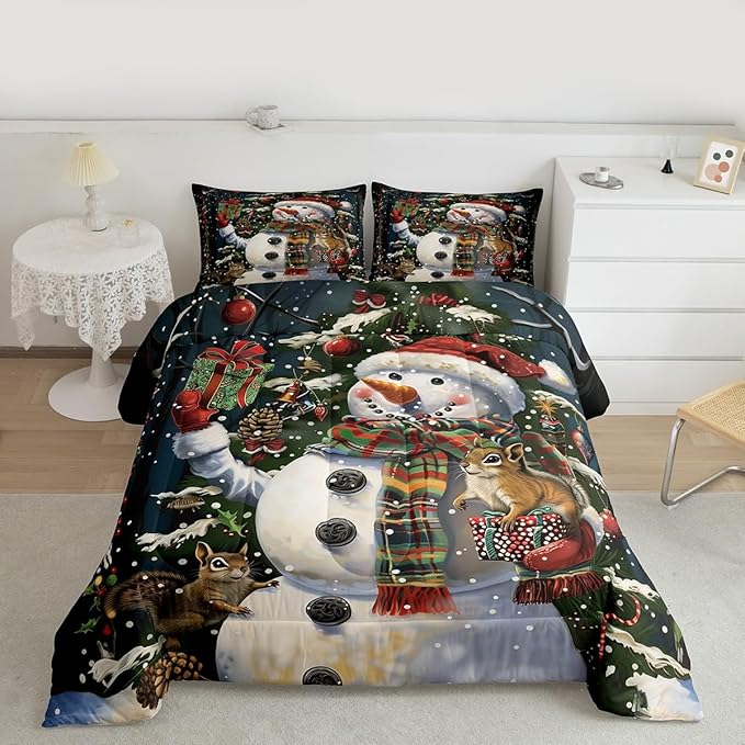 Feelyou Christmas Kids Comforter Set Twin Size Snowman Squirrel Bedding Set Snowflake Gift Duvet Quilt for Kids Boys Girls Bedroom Branch Berry Decor Microfiber Ultra Soft Breathable
