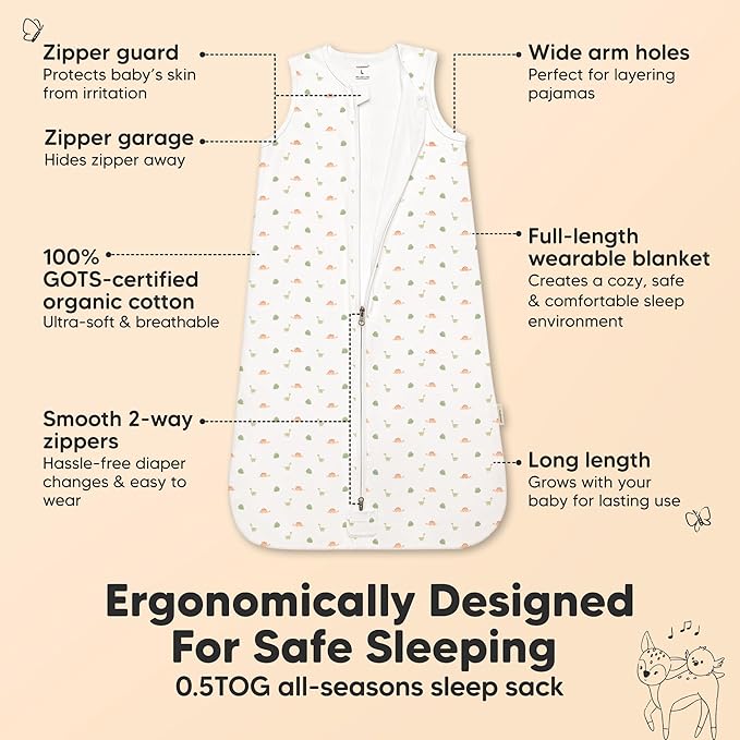 2-Pack Baby Sleep Sacks, Zipper Wearable Blanket - 0.5TOG Organic Cotton, Lightweight, Soft Cozy Infant Sleeping Sack 3-6 months, Easy to Wear Small Newborn Transition Swaddles Sleepsacks (Roarsome)