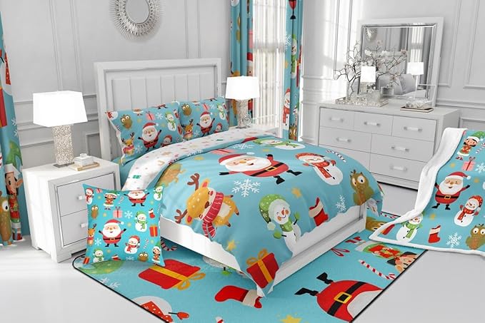 Erosebridal Merry Christmas Comforter Set Cartoon Santa Claus Quilts King Size Holiday Snowman Deer Elk Bedding Set Xmas Decor for Kids Boys Teens Cute Owl Animal Down Comforter,Blue