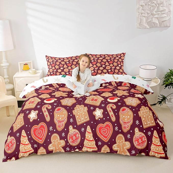 Christmas Duvet Cover Boys Christmas Gingerbread Man Bedding Set for Kids Teens Ultra Soft Snowflake New Year Comforter Cover Set Xmas Theme Bedspread Cover Room Decor King Size Bedclothes Zipper