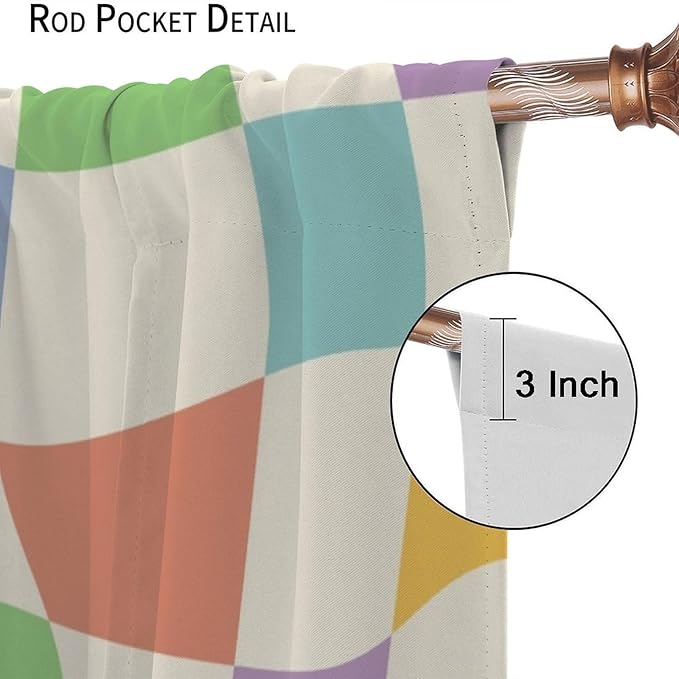 Checkered Curtains,70s Vintage Twisted Checkered Window Drapes Colorful Groovy Trendy Wavy Hippie Grid Print Window Treatments for Kids Girls Bedroom Living Room Bathroom 72" W X 63" L
