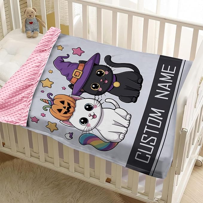 Personalized Halloween Blanket for Baby Girls, Custom Baby Blanket with Name, Cute Cat Pattern Soft Minky Dot Blanket, Halloween Decor Christmas Birthday Gifts for Kids Toddlers