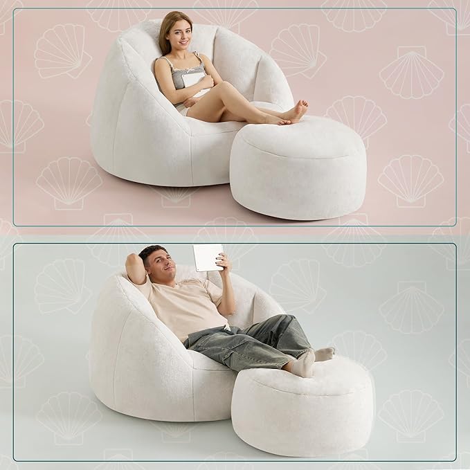 Giant Bean Bag Swivel Chair for Adults with Ottoman - Comfy Plush Round Shell Soft Accent Chaise Lounge Indoor Chair, Oversized Cozy Floor Sofa for Living Room, Bedroom & Game Rooms, Beige