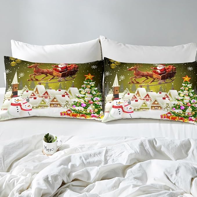 Manfei Christmas Duvet Cover Set Twin Size, Xmas Tree Snowman Comforter Cover with 1 Pillowcase, Santa Claus with Deer Bedding Set for Kids Boys Girls New Year Theme Bedspread Cover, No Comforter