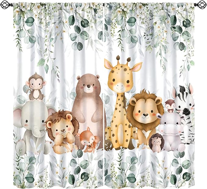 Kids Safari Animal Curtains Woodland Wildlife Jungle Animals Window Treatments for Boys Girls Bedroom Cute Cartoon Lion Nursery Children Drapes for Living Room W42xL45(Decor)