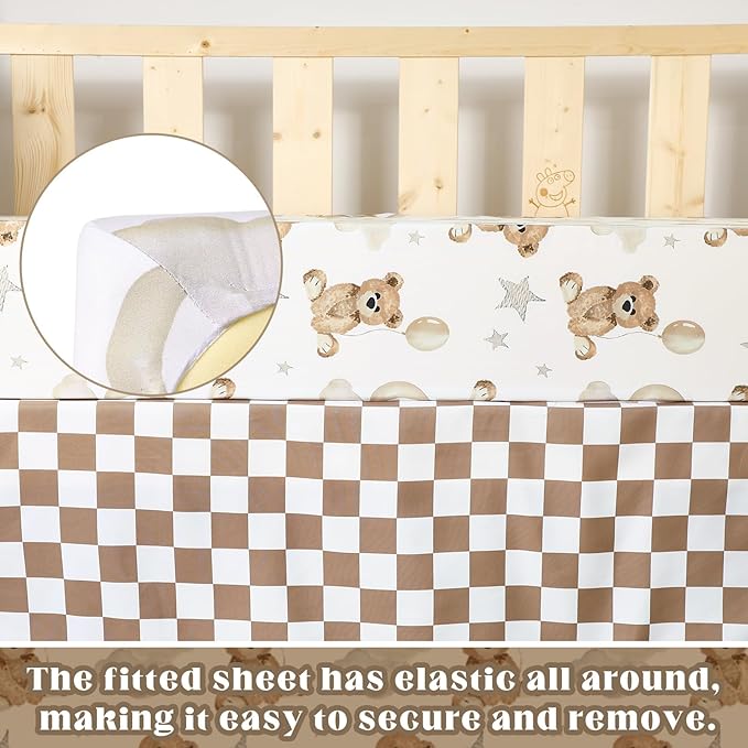 3 Pcs Baby Crib Bedding Set Safari Animals Dinosaurs Bear Woodland Animals Jungle Crib Set Includes Quilt, Fitted Sheet, Skirt for Baby Boy Girl(Brown,Teddy Bear)