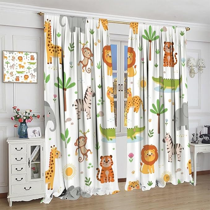 Cartoon Animal Curtains, Safari Woodland Jungle Forest Wildlife Blackout Window Treatments, Rod Pocket Thermal Insulated Drapes 2 Panel Sets for Kids Bedroom Nursery Classroom, 55" W X 63" L