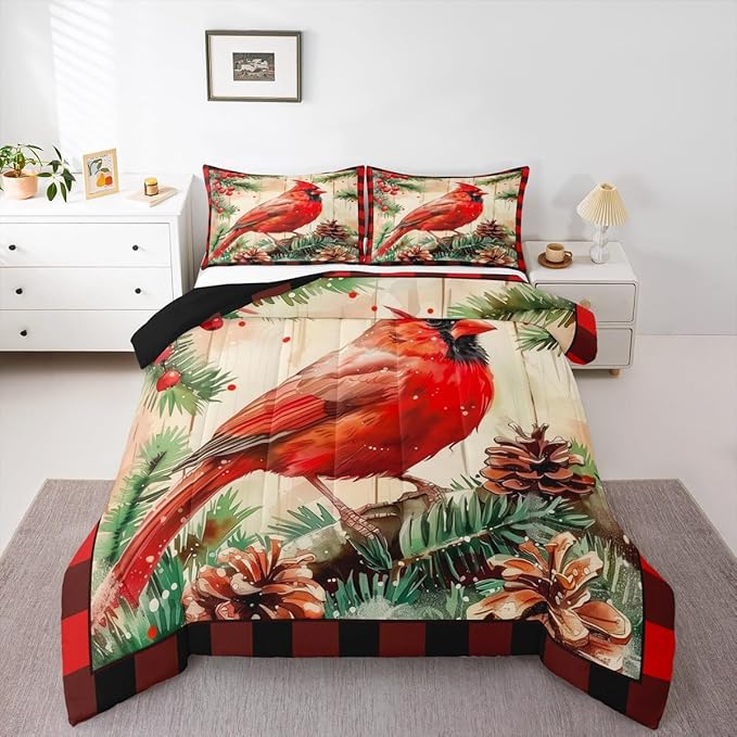 jejeloiu Kids Red Cardinal Comforter Set Twin Size Christmas Red Black Plaid Bedding Set for Boys Girls Teens Xmas Birds Winter Rustic Wood Plank Animal Duvet Quilt Room Decor