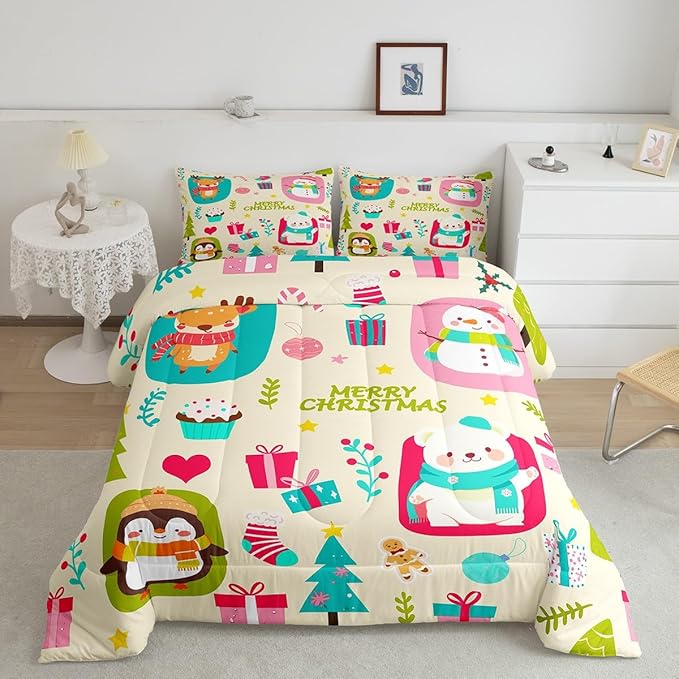 Erosebridal Merry Xmas Comforter Set Full Size Christmas Tree Quilt for Kids Boys Girls Cartoon Penguin Bear Bedding Set Cute Deer Elk Duvet Insert with 2 Pillow Cases