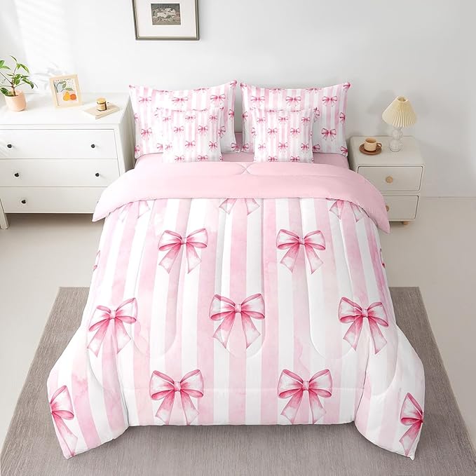 7 Pieces Pink Bowknot Kids Comforter King,Bow Tie Geometric Stripe Bedding Set,Butterfly Knot Princess Style Fashion Pink Romantic（Comforter+Fitted+Flat Sheet+2 Pillowcases+2 Throw Pillow Covers）