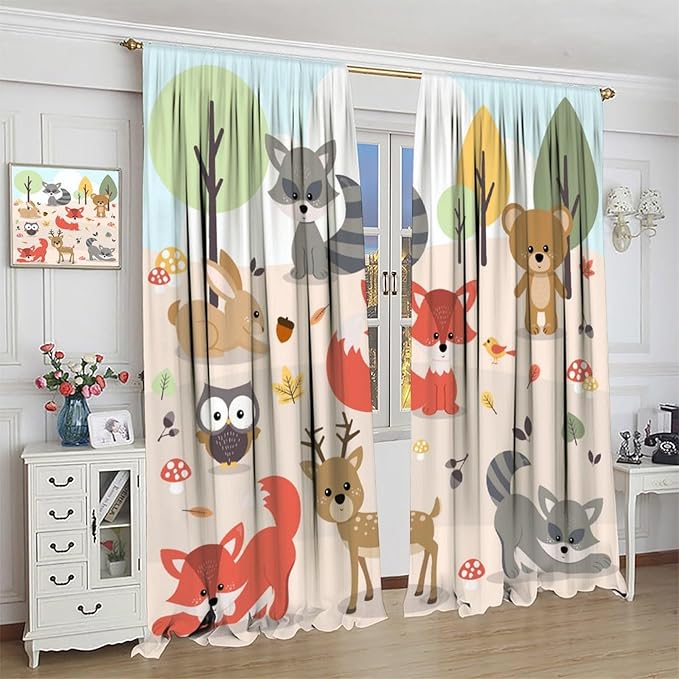 Kids Cartoon Forest Animal Curtains, Cute Woodland Animal Window Treatments for Bedroom Wildlife Fox Bear Deer Bunny Bird Blackout Window Drapes for Girls Boys Nursery Toddler Playroom 84x84in