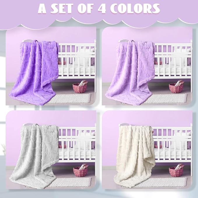 VitalCozy 4 Pcs Soft Fleece Baby Blankets Set 30" x 40" 3D Plush Warm Nursery Swaddling Bed Blanket Little Boys Girls Infant Toddlers and Newborn Receiving Gifts Blankets(Purple Set)