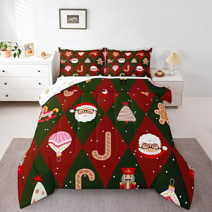 Feelyou Merry Christmas Bedding Set Soft for Boys Girls, Santa Claus Comforter Set King Size Xmas Tree Nutcracker soldier Duvet Quilt Microfiber Gingerbread Man Bedroom Decor 3 Pcs with 2 Pillow Cases