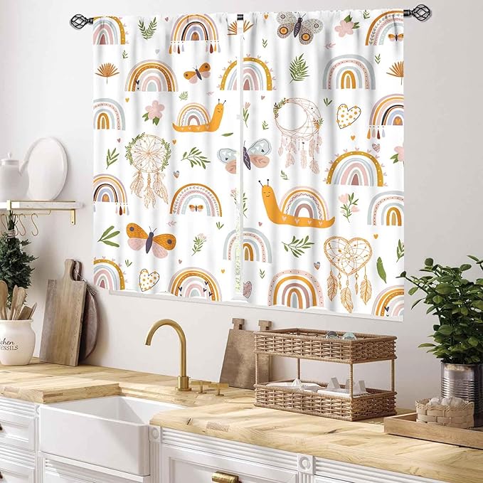 Boho Rainbow Curtains for Girls Bedroom, Bohemian Cute Lovely Butterfly Floral Rainbow Print Pastel Baby Kids Girls Bedroom Living Room Nursery Playroom Classroom Curtains for Windows, 55x39 Inch