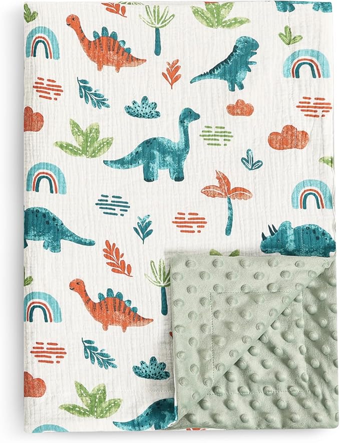 david's kids Muslin Minky Baby Blanket for Boys Girls with Muslin Cotton Front and Dotted Fleece Backing, Breathable and Soft Lightweight Receiving Blanket for Newborns, 30x40 Inches, Dinosaur