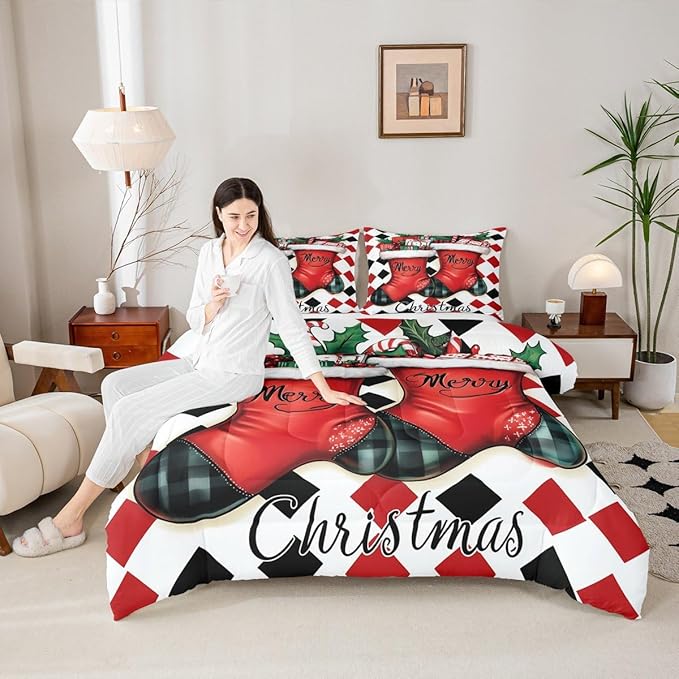 Feelyou Merry Christmas Comforter Set Full Size Cartoon Shoes Bedding Set for Kids Boys Girls Duvet Quilt Winter Bedroom Decor Microfiber 3 Pcs with 2 Pillow Cases