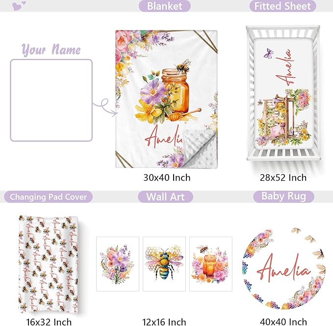 Personalized Baby Crib Bedding Set, 5 Pcs Custom Name Nursery Bedding Set for Girls Boys, Honey & Bee Baby Crib Set for Toddlers Infants, Double Layer Bedding Crib Sets Customized Gifts