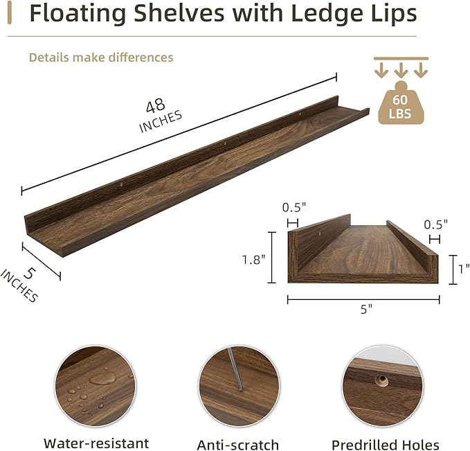 Picture Ledge Shelf, Wood Long Floating Shelves for Wall, Set of 2, 48 inch Picture Ledge Shelves, Photo Ledge Nursery Book Shelves Wall Mounted for Living Room Kids' Room Bedroom, Color Walnut