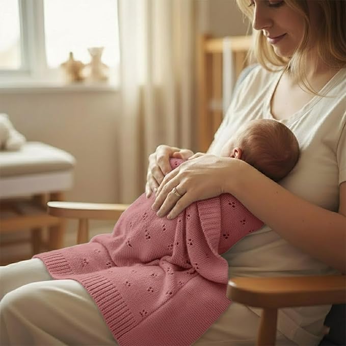 Baby Knit Blanket, 100% Cotton Eyelet Patterns, Soft, Cozy, Lightweight Swaddle for Newborn & Infant Swaddling Beige Neutral, Perfect Baby Shower Ideas Rose Pink 30x40