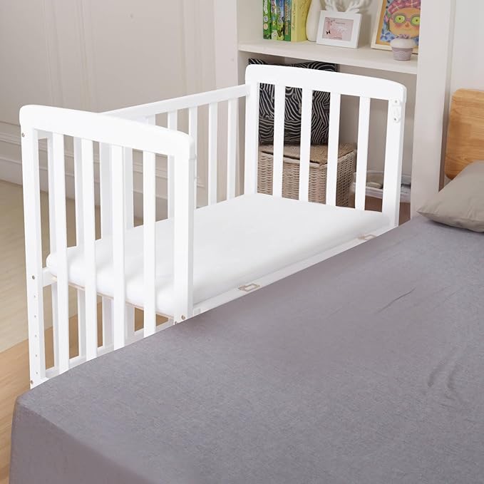 Baby Bassinets Bedside Sleeper - Portable Pine Wood Bedside Bassinet,6 Heights Small Mini Crib with Mattress,Space-Saving Design Baby Crib for Newborns,White