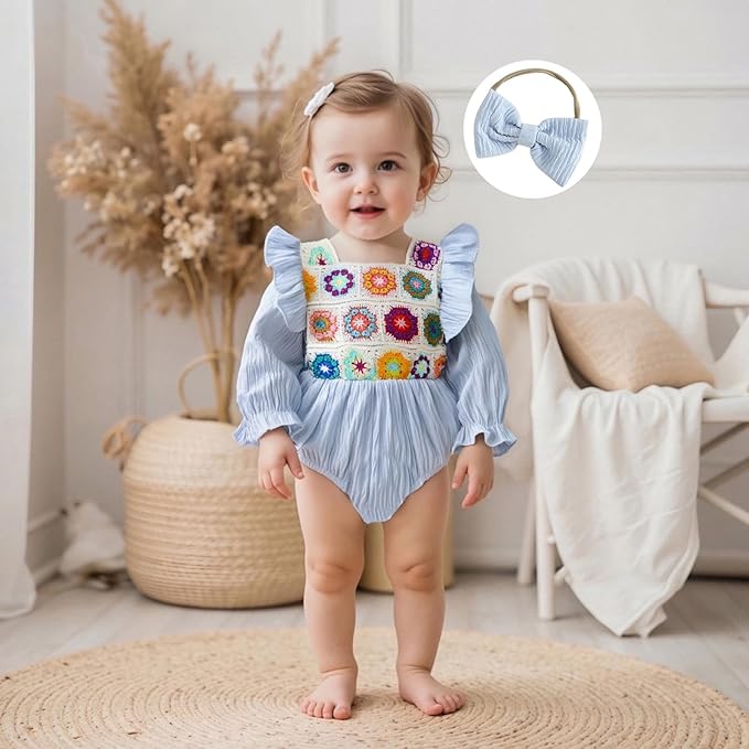 Gaono Newborn Baby Girl Smocked Bubble Romper Cute Boho Summer Clothes Ruffle Sleeveless Crochet Flower Vintage Bodysuit