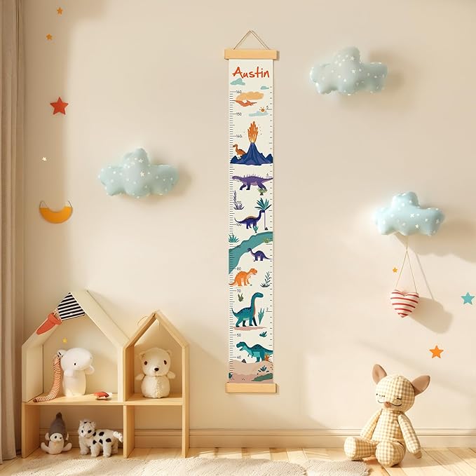 Personalized Canvas Height Chart for Kids, Height Measurement for Wall, Growth Chart with Name (Dinosaurs)