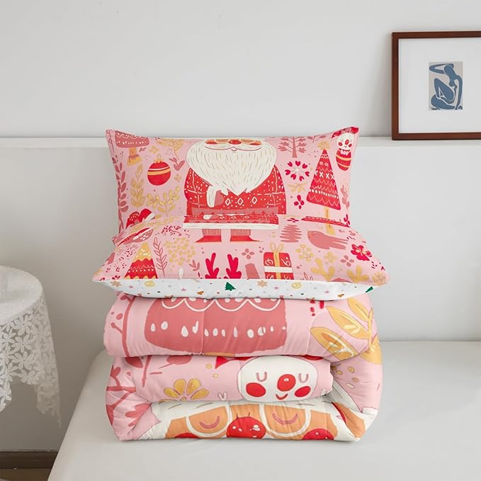 Feelyou Cute Santa Claus Bedding Set for Kids Boys Girls Queen Size Xmas Deer Elk Decor Comforter Set Ultra Soft Comforter Xmas Tree Duvet Quilt Bedroom Decor Christmas Decor Quilt